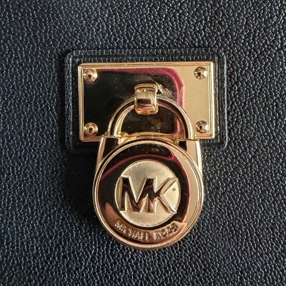 Michael Kors Hamilton Black Pebbled Leather Zip Around Wallet Gold Padlock